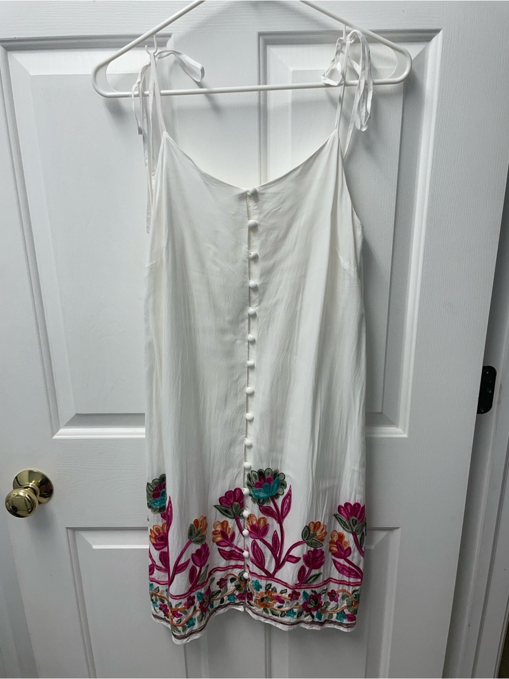 White Tie-Shoulder Mini Dress with Colorful Floral Embroidery